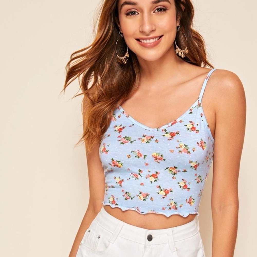 SHEIN Ditsy Floral Lettuce Trim Blue Cami Crop Top